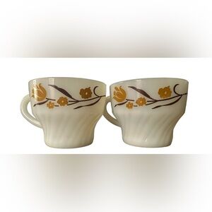 Set of 2 Vintage Termocrisa Milk Glass Cups Dark Yellow/ Brown Floral​​​​